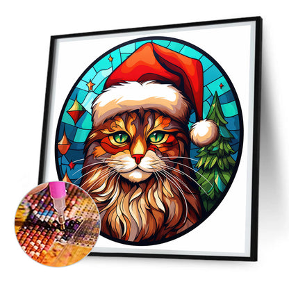 Christmas Cat Glass Painting - Full Round Drill Diamond Painting 30*30CM