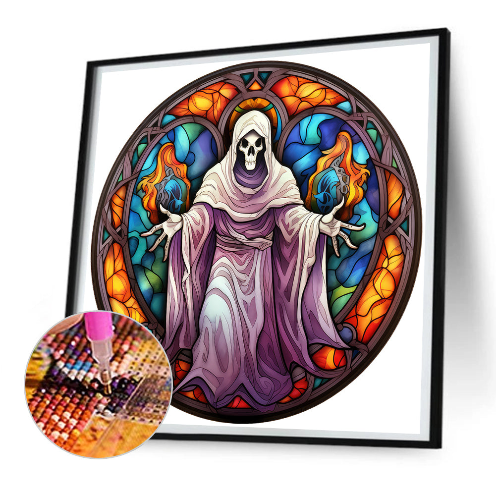 Halloween Pumpkin Skeleton Haunted House Glass Painting - Full Round Drill Diamond Painting 30*30CM