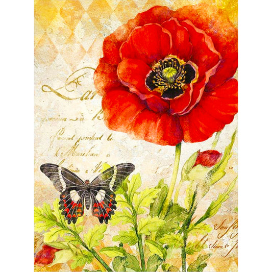 Butterfly And Poppy - Full Round Drill Diamond Painting 30*40CM