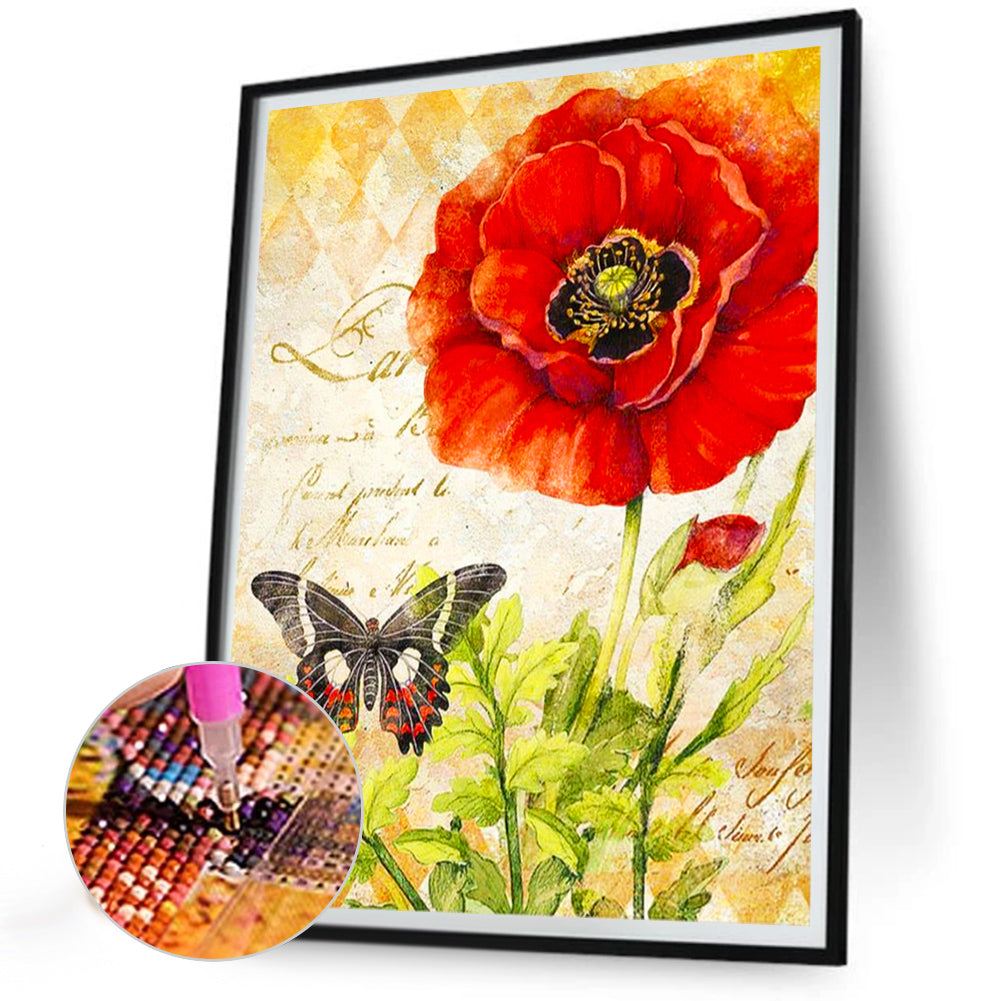 Butterfly And Poppy - Full Round Drill Diamond Painting 30*40CM