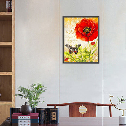 Butterfly And Poppy - Full Round Drill Diamond Painting 30*40CM