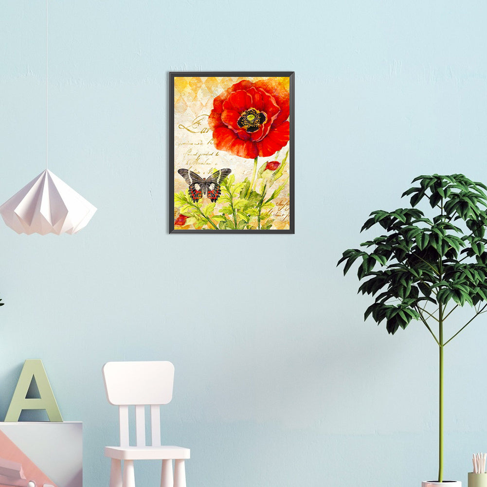 Butterfly And Poppy - Full Round Drill Diamond Painting 30*40CM