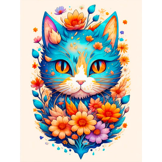 Flowers And Serious Blue Cat - Full Round Drill Diamond Painting 30*40CM