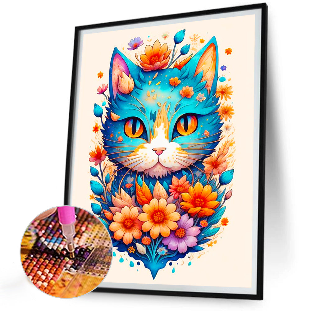 Flowers And Serious Blue Cat - Full Round Drill Diamond Painting 30*40CM