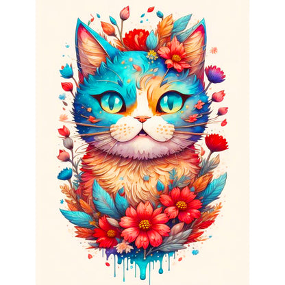 Flowers And Happy Blue Cat - Full Round Drill Diamond Painting 30*40CM