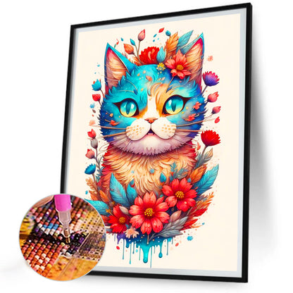 Flowers And Happy Blue Cat - Full Round Drill Diamond Painting 30*40CM