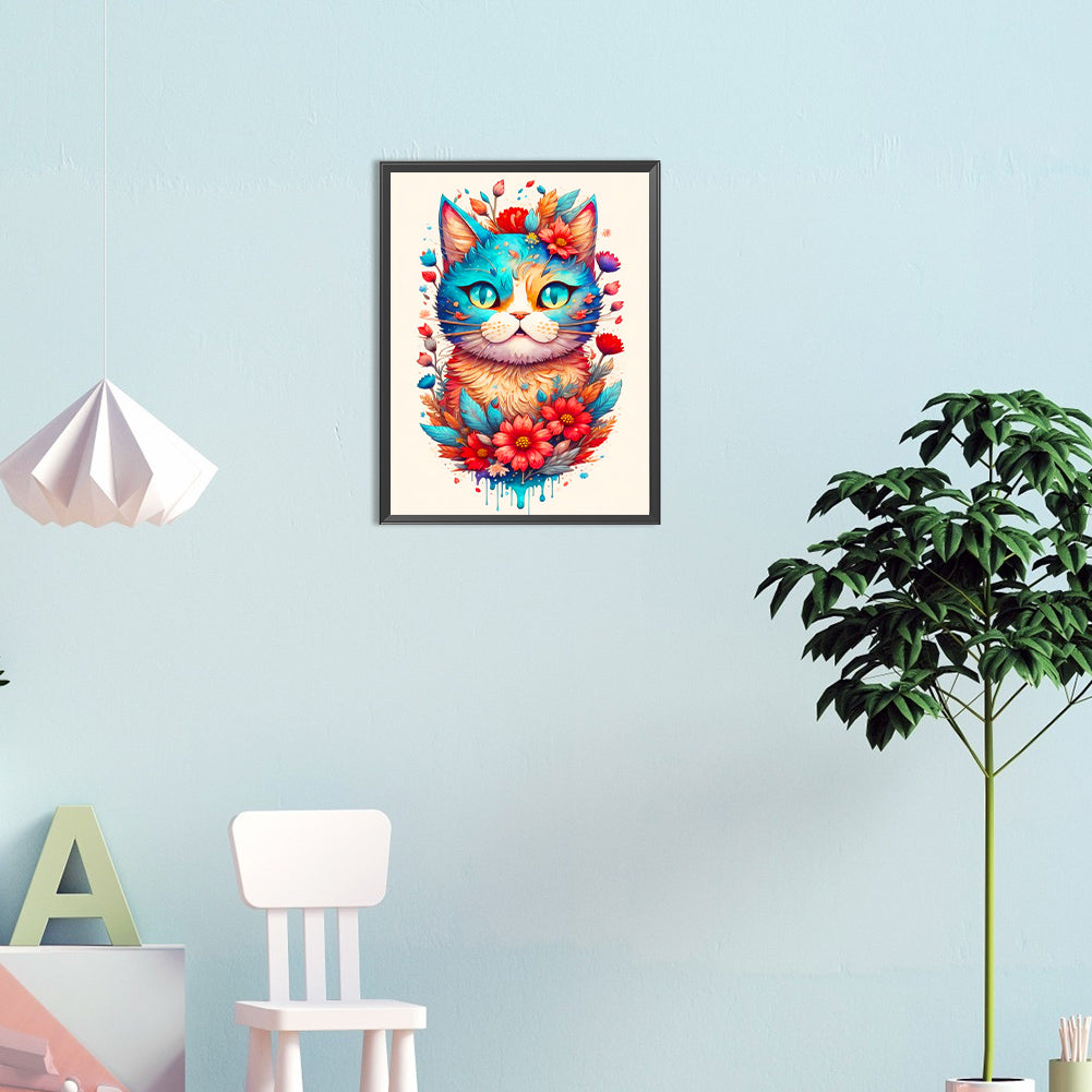 Flowers And Happy Blue Cat - Full Round Drill Diamond Painting 30*40CM