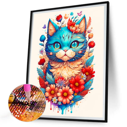 Flowers And The Silent Blue Cat - Full Round Drill Diamond Painting 30*40CM