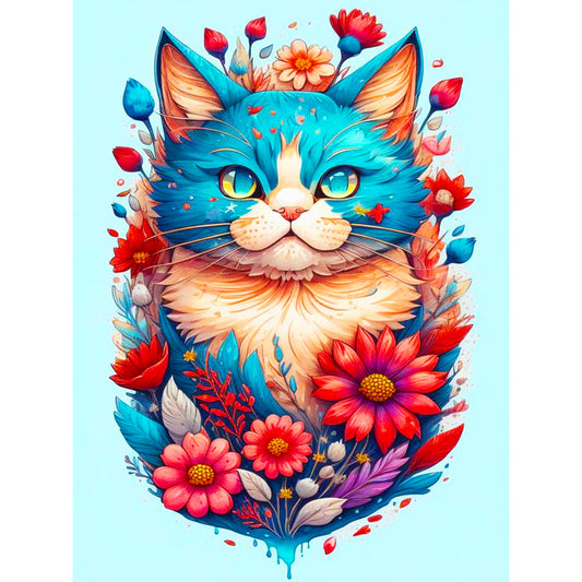 Flowers And A Proud Blue Cat - Full Round Drill Diamond Painting 30*40CM