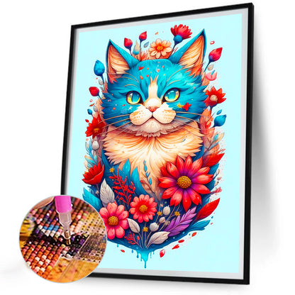 Flowers And A Proud Blue Cat - Full Round Drill Diamond Painting 30*40CM