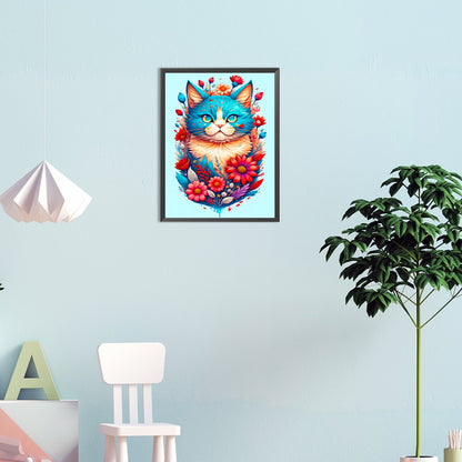 Flowers And A Proud Blue Cat - Full Round Drill Diamond Painting 30*40CM