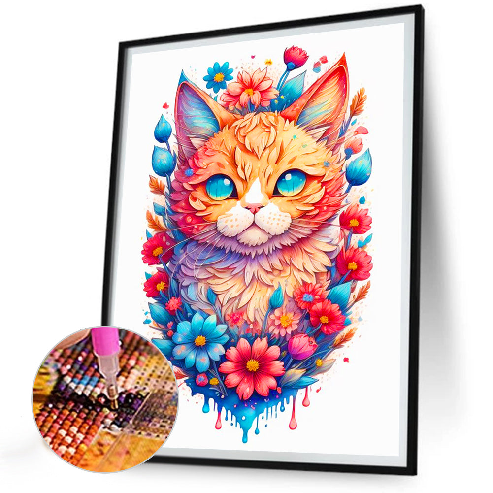 Flowers And A Confident Orange Cat - Full Round Drill Diamond Painting 30*40CM