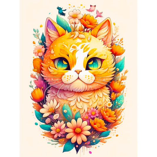 Flowers And Happy Yellow Cat - Full Round Drill Diamond Painting 30*40CM