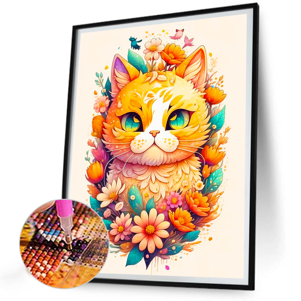 Flowers And Happy Yellow Cat - Full Round Drill Diamond Painting 30*40CM