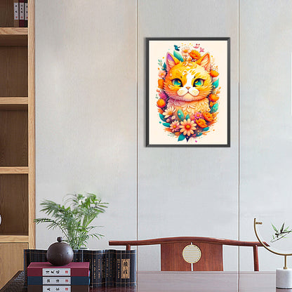 Flowers And Happy Yellow Cat - Full Round Drill Diamond Painting 30*40CM