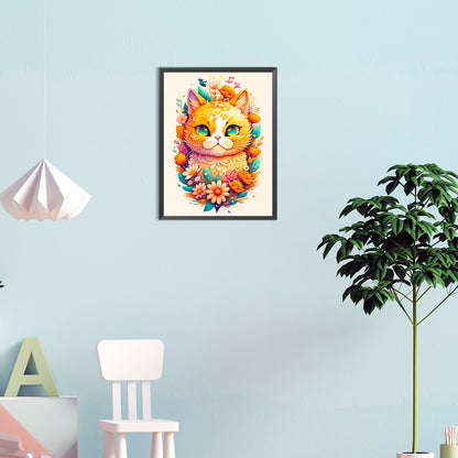 Flowers And Happy Yellow Cat - Full Round Drill Diamond Painting 30*40CM