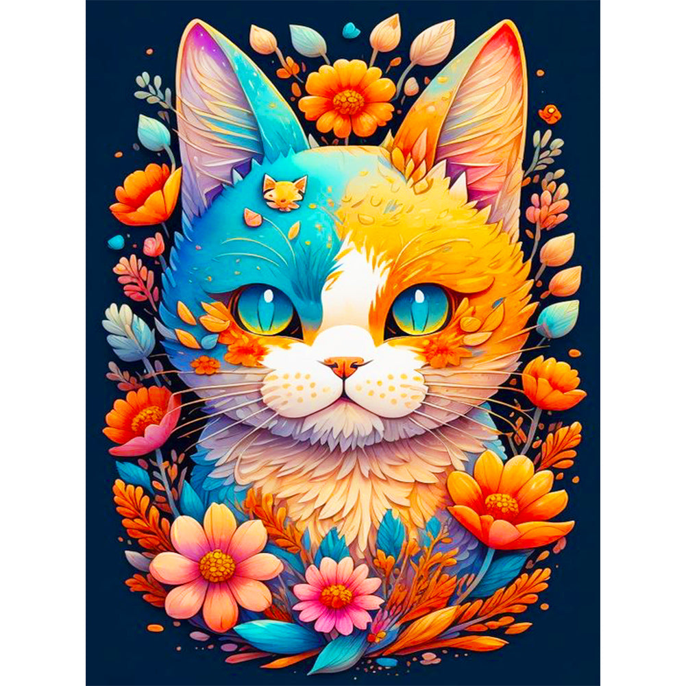 Flower And Spirit'S Orange-Blue Cat - Full Round Drill Diamond Painting 30*40CM