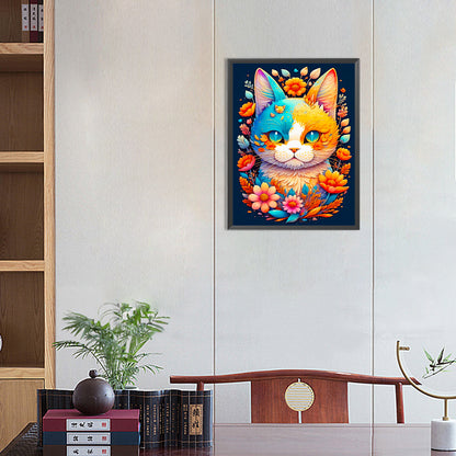 Flower And Spirit'S Orange-Blue Cat - Full Round Drill Diamond Painting 30*40CM