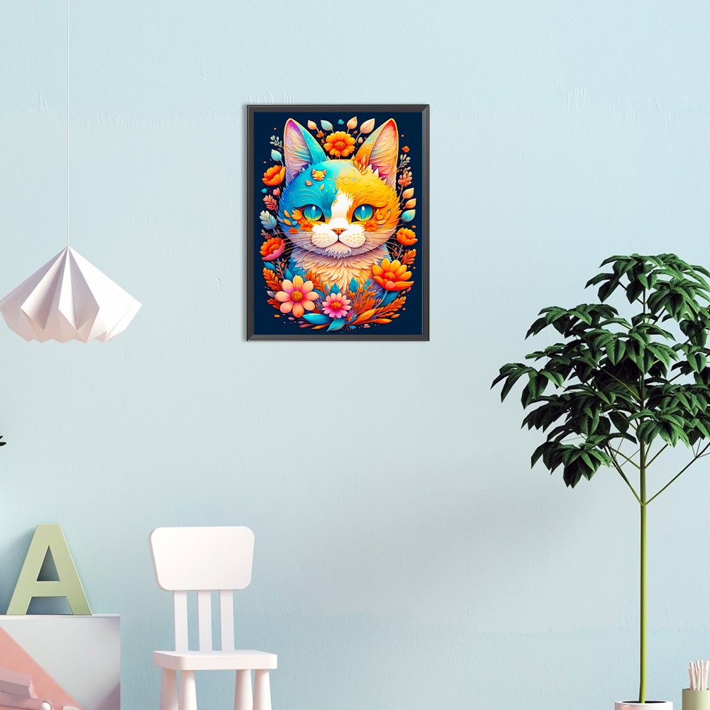 Flower And Spirit'S Orange-Blue Cat - Full Round Drill Diamond Painting 30*40CM