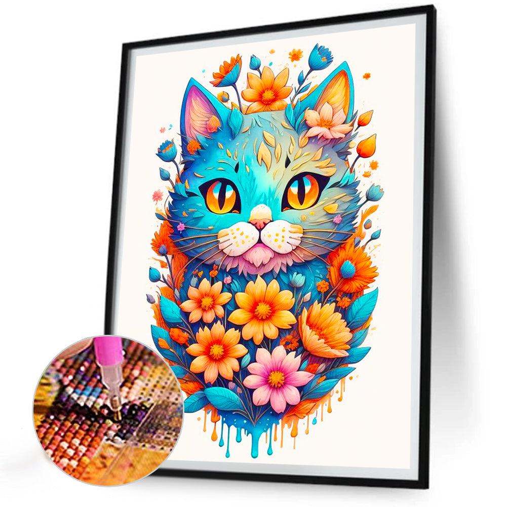 Flowers And A Surprised Blue Cat - Full Round Drill Diamond Painting 30*40CM