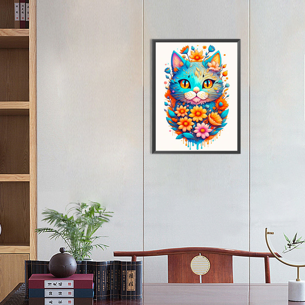 Flowers And A Surprised Blue Cat - Full Round Drill Diamond Painting 30*40CM