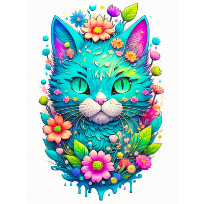 Flower And Vigilant Green Cat - Full Round Drill Diamond Painting 30*40CM