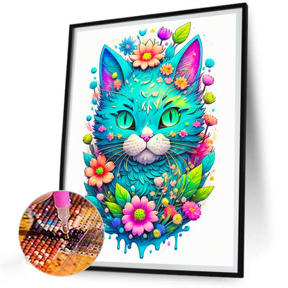 Flower And Vigilant Green Cat - Full Round Drill Diamond Painting 30*40CM