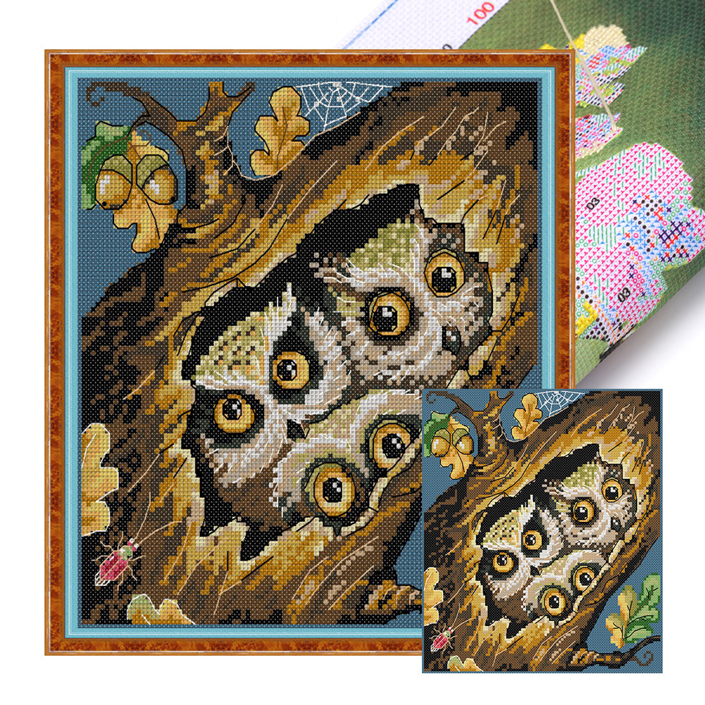 Three Little Owls - 14CT Stamped Cross Stitch 26*28CM(Joy Sunday)