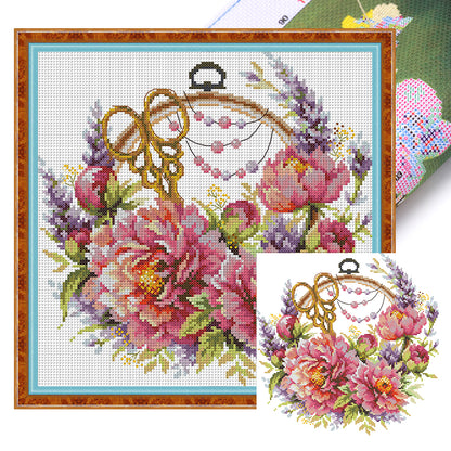 Peony Flower And Female Embroidery Friend - 14CT Stamped Cross Stitch 32*32CM(Joy Sunday)