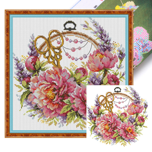 Peony Flower And Female Embroidery Friend - 14CT Stamped Cross Stitch 32*32CM(Joy Sunday)