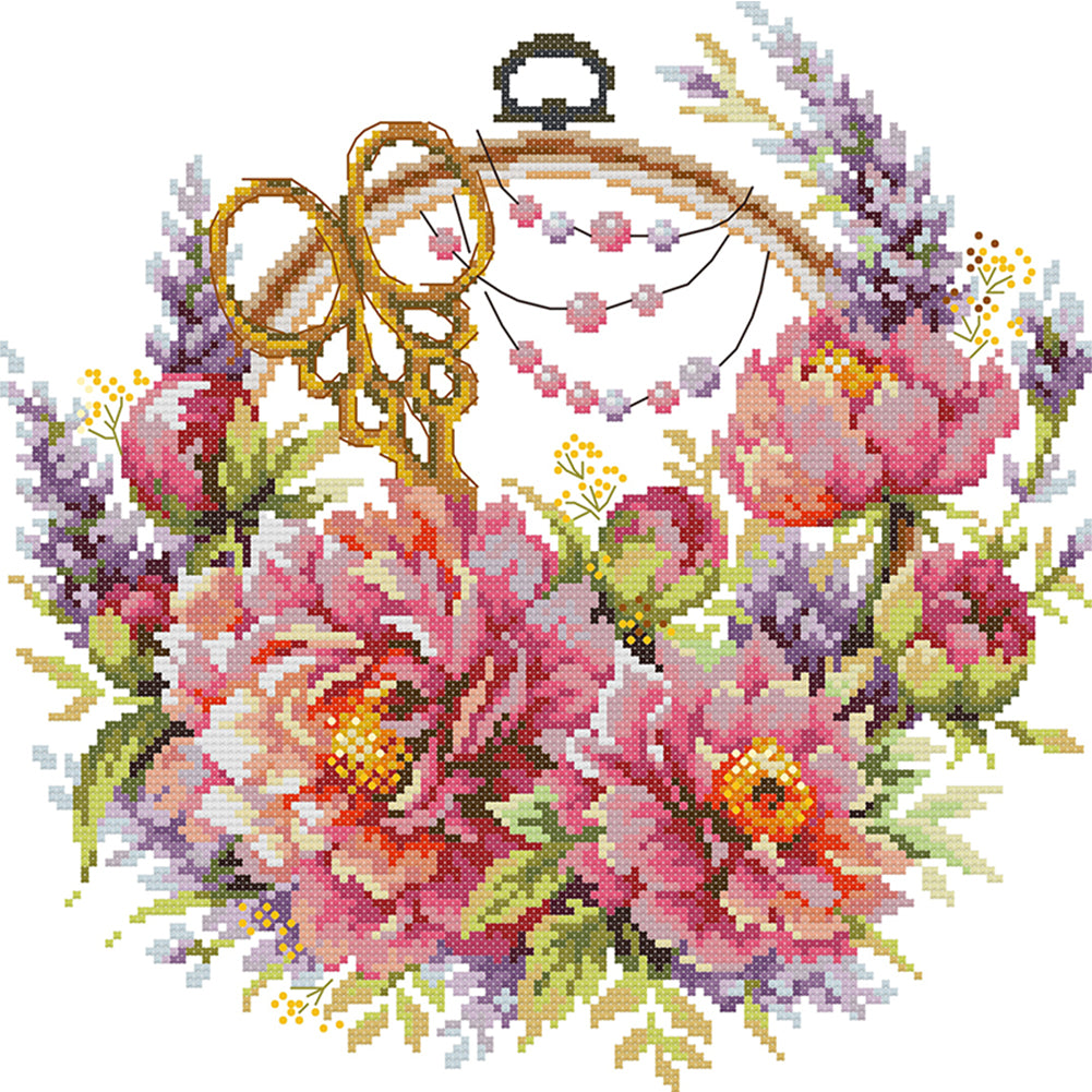 Peony Flower And Female Embroidery Friend - 14CT Stamped Cross Stitch 32*32CM(Joy Sunday)