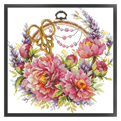 Peony Flower And Female Embroidery Friend - 14CT Stamped Cross Stitch 32*32CM(Joy Sunday)