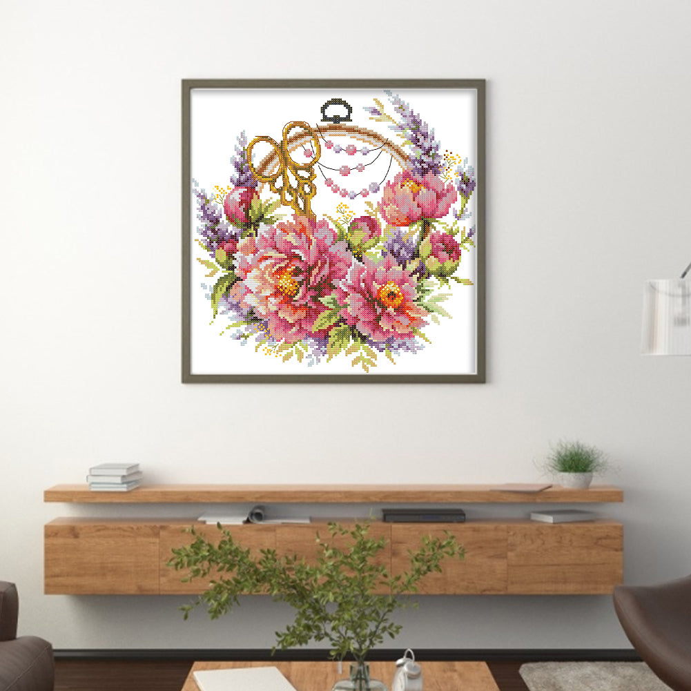 Peony Flower And Female Embroidery Friend - 14CT Stamped Cross Stitch 32*32CM(Joy Sunday)