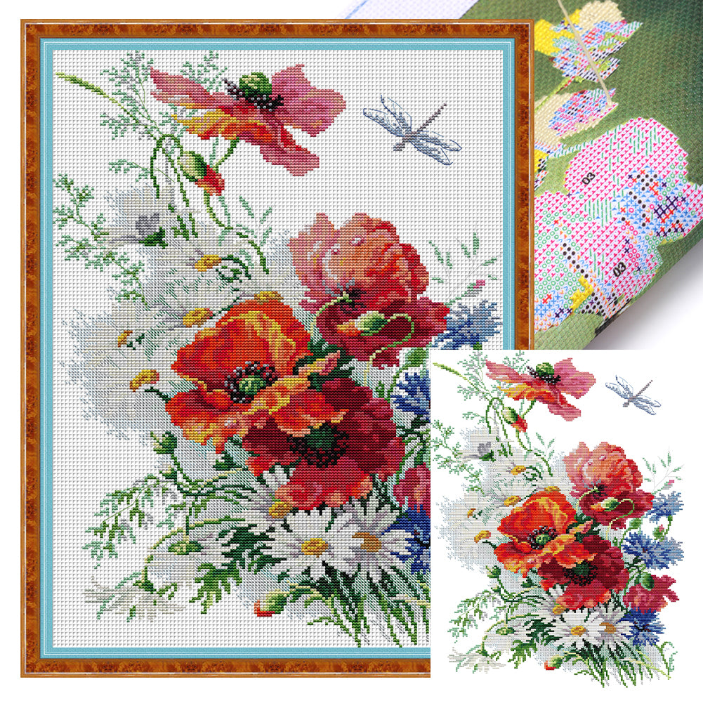 Daisies And Poppies - 14CT Stamped Cross Stitch 35*47CM(Joy Sunday)