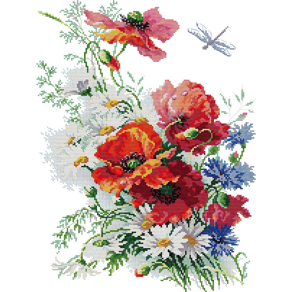 Daisies And Poppies - 14CT Stamped Cross Stitch 35*47CM(Joy Sunday)