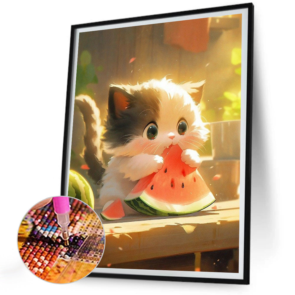 Kitten Eating Watermelon - Full Round Drill Diamond Painting 30*40CM