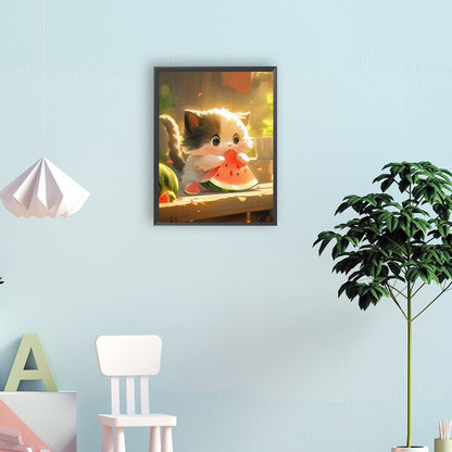 Kitten Eating Watermelon - Full Round Drill Diamond Painting 30*40CM