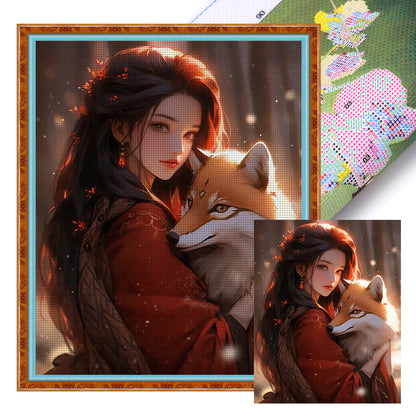 Girl And Fox - 11CT Stamped Cross Stitch 40*50CM