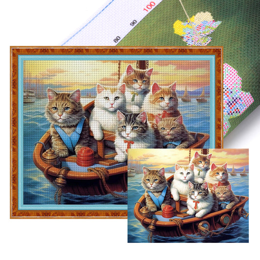 Five Kittens On The Boat - 11CT Stamped Cross Stitch 60*50CM