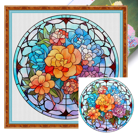 Glass Painting-Flowers - 11CT Stamped Cross Stitch 40*40CM