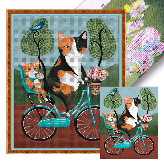 Cat Riding A Bicycle - 11CT Stamped Cross Stitch 40*50CM