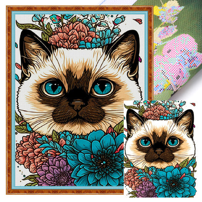 Siamese Cat And Flowers - 11CT Stamped Cross Stitch 40*55CM