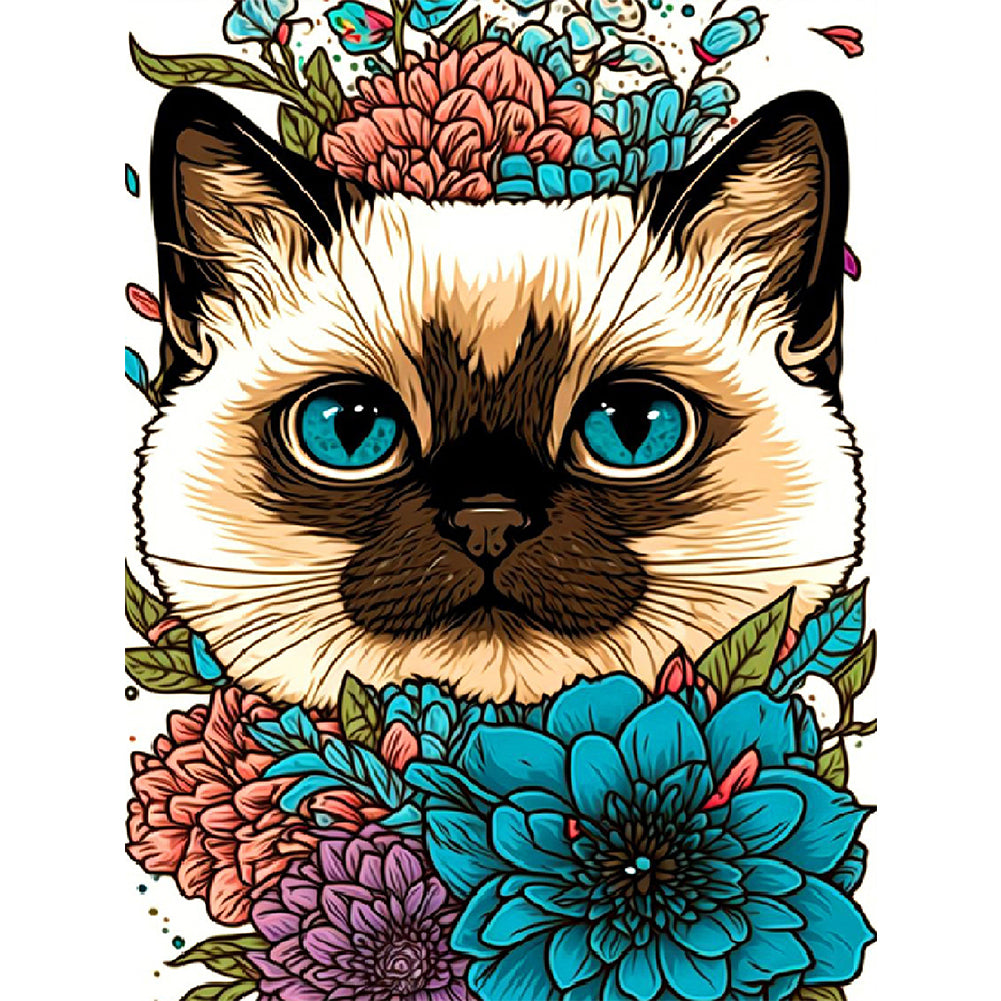 Siamese Cat And Flowers - 11CT Stamped Cross Stitch 40*55CM