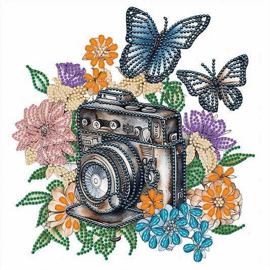 Butterfly Flower Nostalgic Camera - Special Shaped Drill Diamond Painting 30*30CM