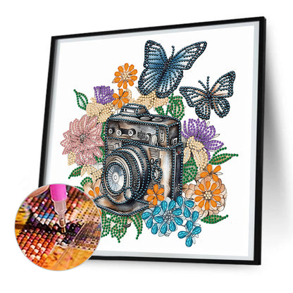 Butterfly Flower Nostalgic Camera - Special Shaped Drill Diamond Painting 30*30CM