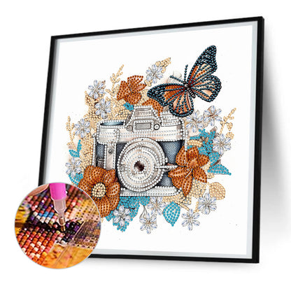 Butterfly Flower Nostalgic Camera - Special Shaped Drill Diamond Painting 30*30CM