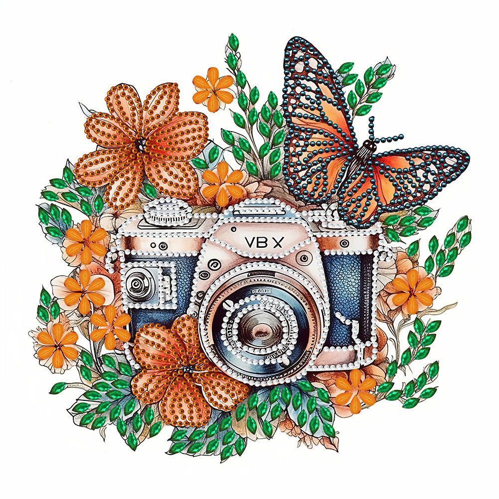 Butterfly Flower Nostalgic Camera - Special Shaped Drill Diamond Painting 30*30CM