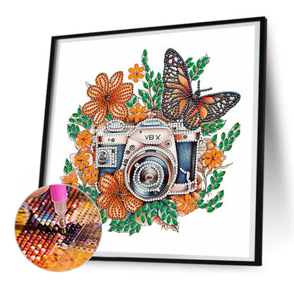 Butterfly Flower Nostalgic Camera - Special Shaped Drill Diamond Painting 30*30CM