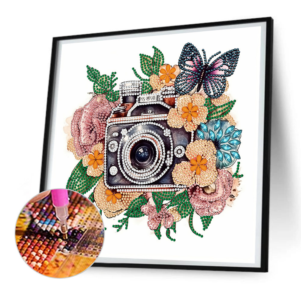 Butterfly Flower Nostalgic Camera - Special Shaped Drill Diamond Painting 30*30CM