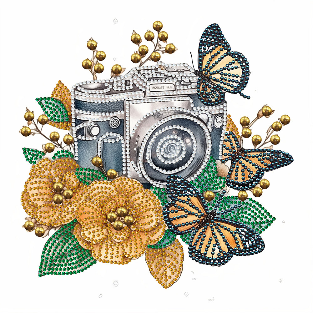 Butterfly Flower Nostalgic Camera - Special Shaped Drill Diamond Painting 30*30CM